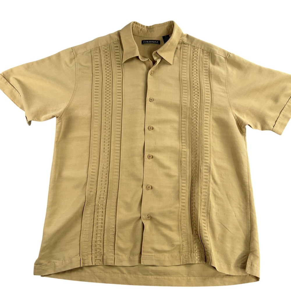 Cubavera Embroidered Guayabera Shirt XL Tan Men Short Sleeve Tropical Cuban